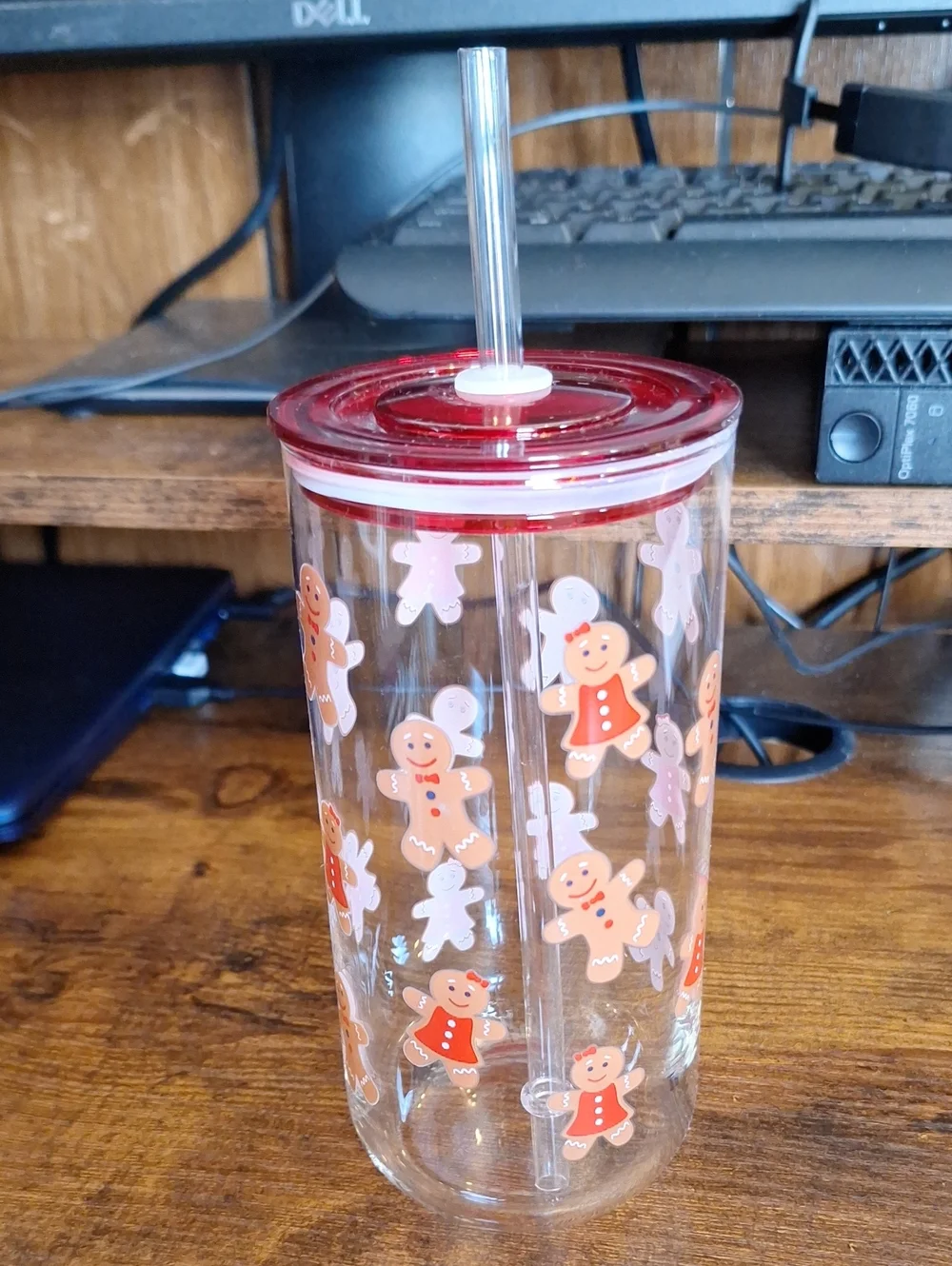 Gingerbread Print Double-Wall Tumbler with Straw - Red Lid